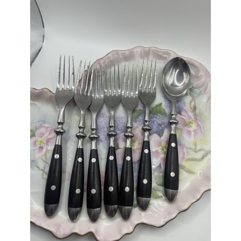 HAMPTON SILVERSMITHS BISTRO BLACK STAINLESS FLATWARE 6 Forks 1 Spoon